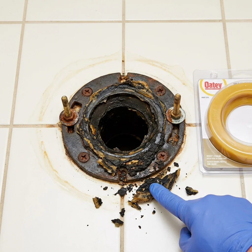 Failed wax ring showing water seepage at the base of a toilet in a Franklin, WI home