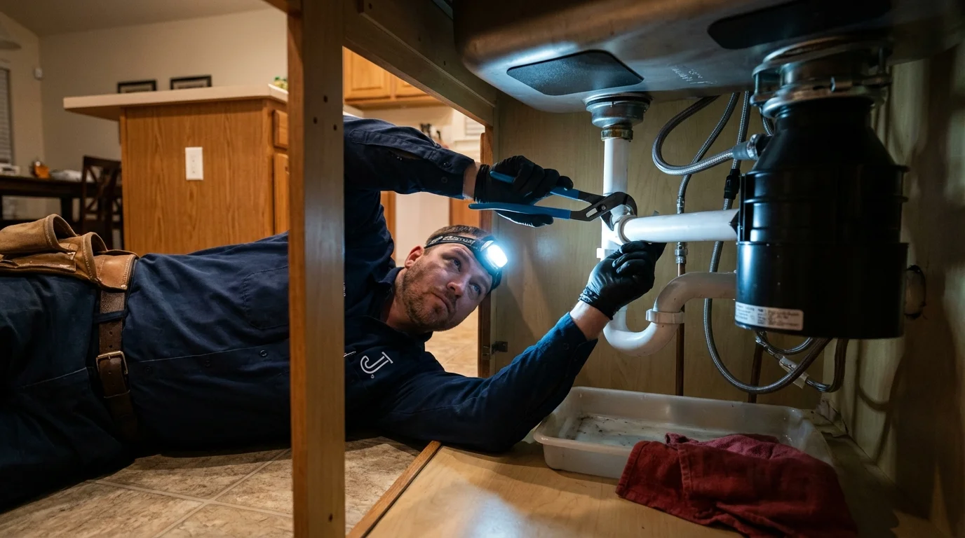 P-trap and supply line connections under a kitchen sink showing a common leak point in Franklin, WI